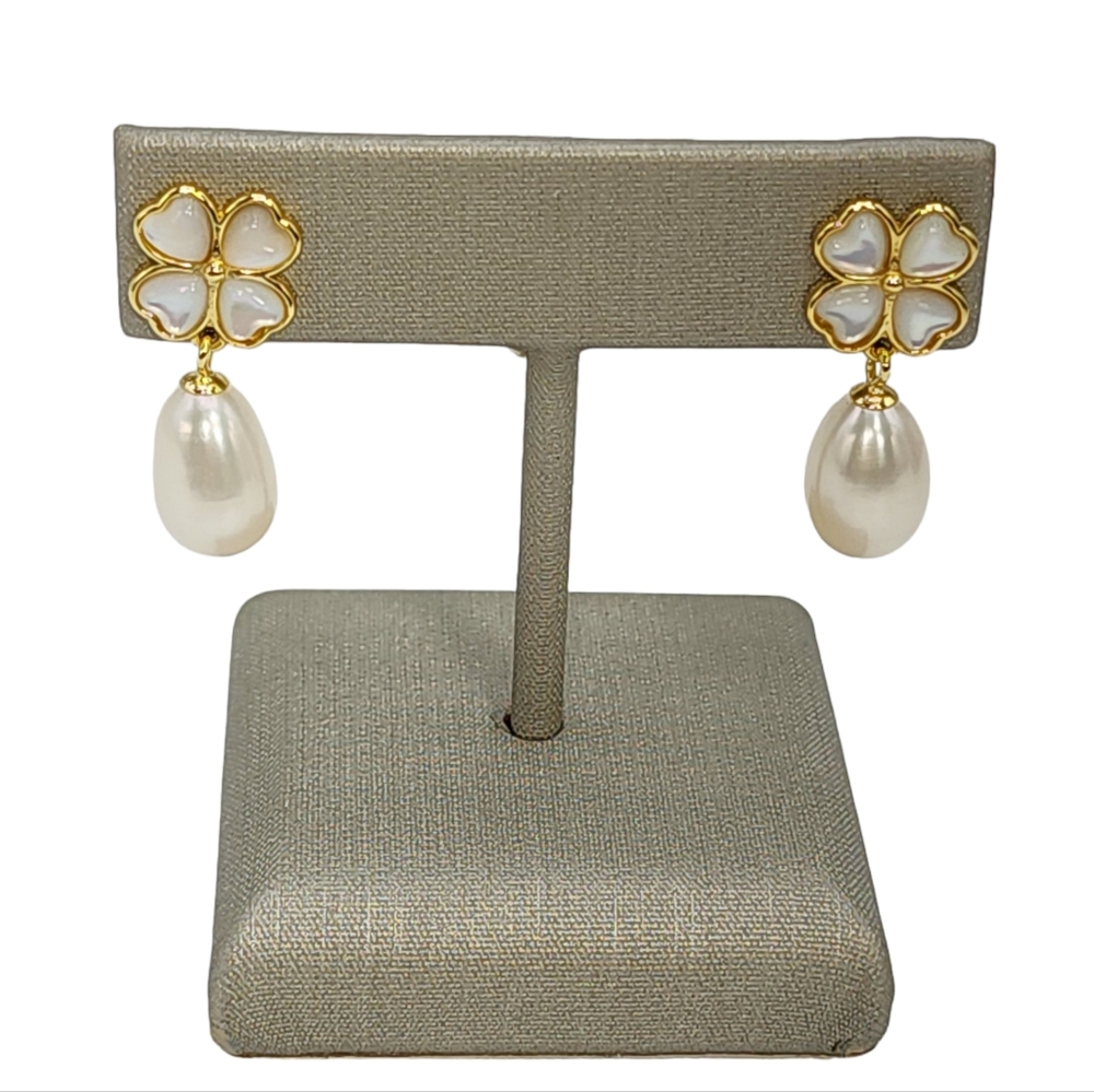 Gold Plated White Freshwater Pearl Drop Earrings Mother of Pearl Clover Shaped